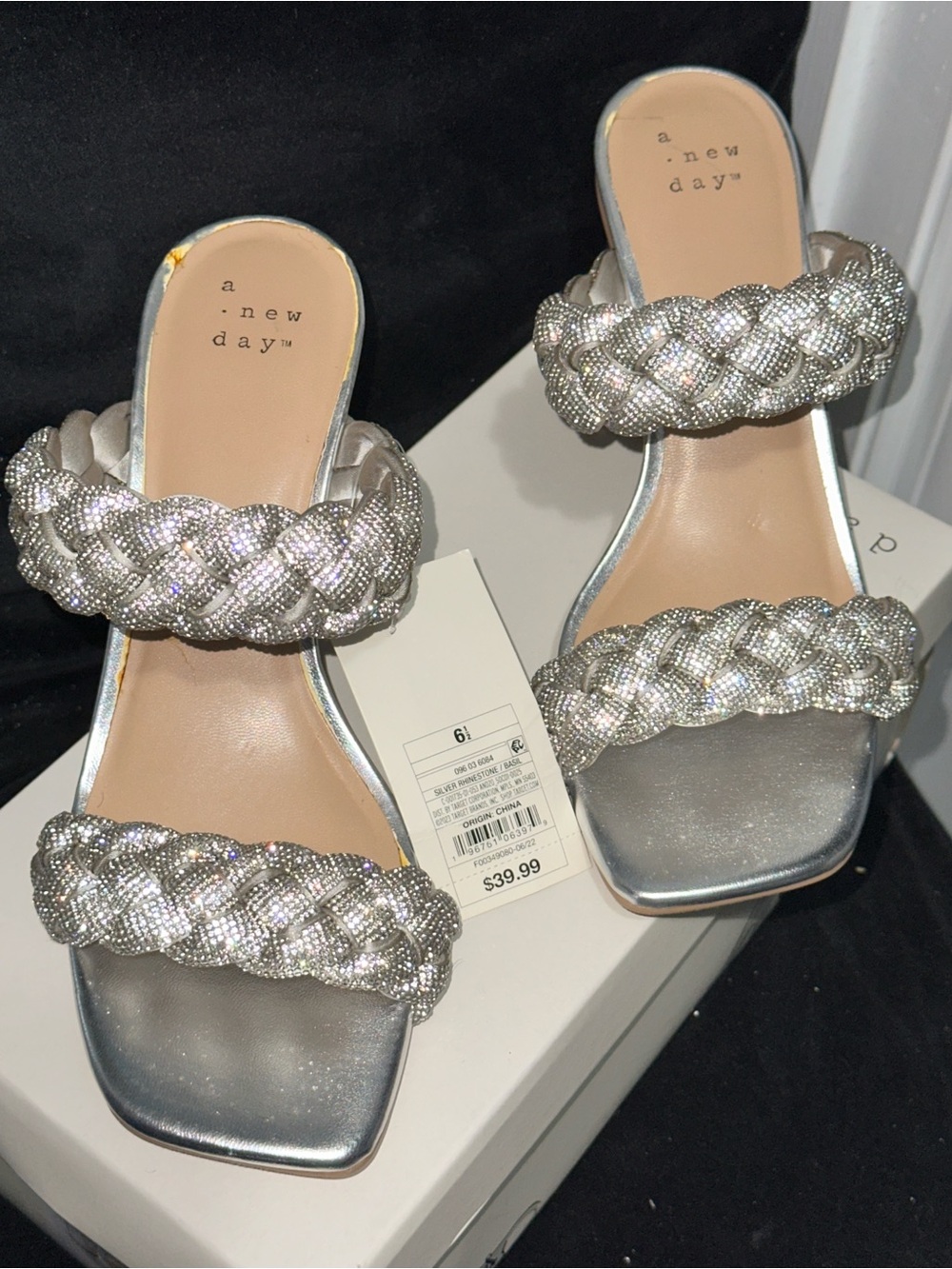 a new day Silver Braided Crystal Slide Heels